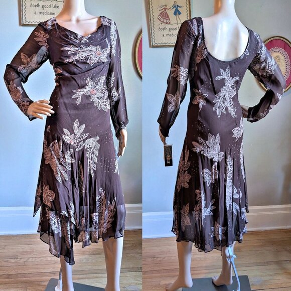 NWT Vintage Y2K Eva Blue Brown Midi Dress Fairycore Beaded Sequin Whimsygoth 10 - Picture 1 of 15